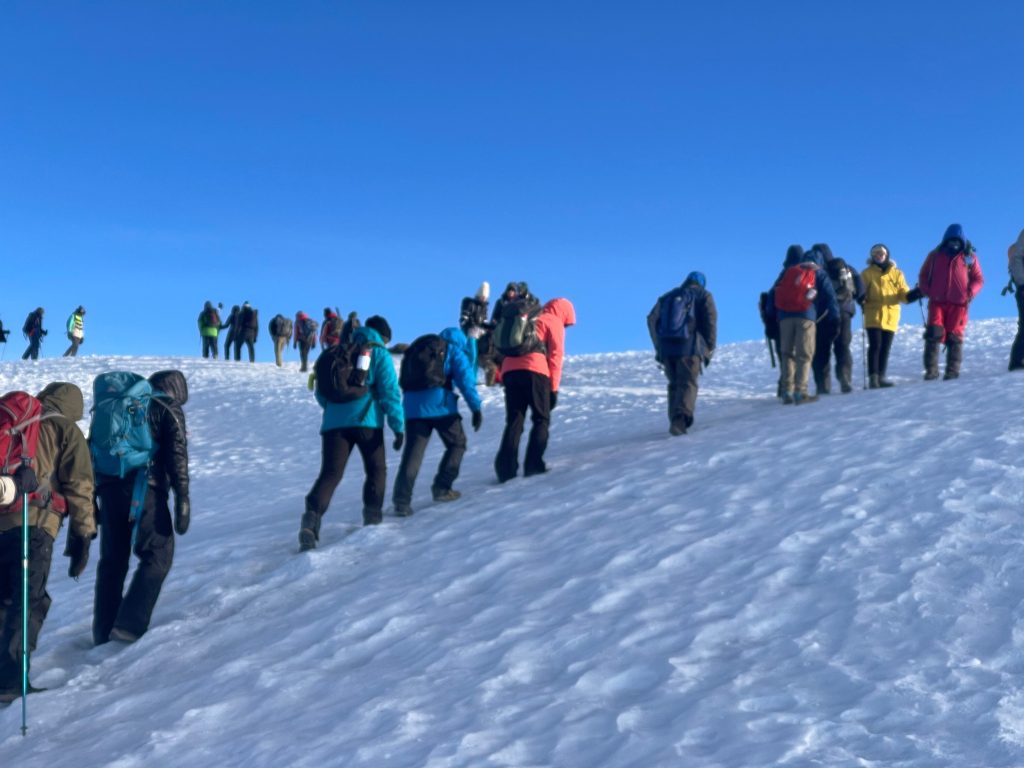 A queue of trekkers climbing a snow slope on Kilimanjaro